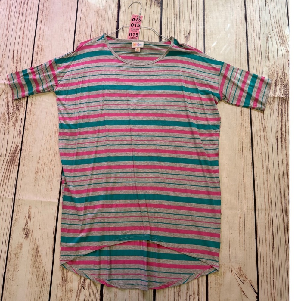 LuLaRoe Irma Tunic Top XS Pink Teal Gray Striped High Low Short Sleeve Shirt NEW